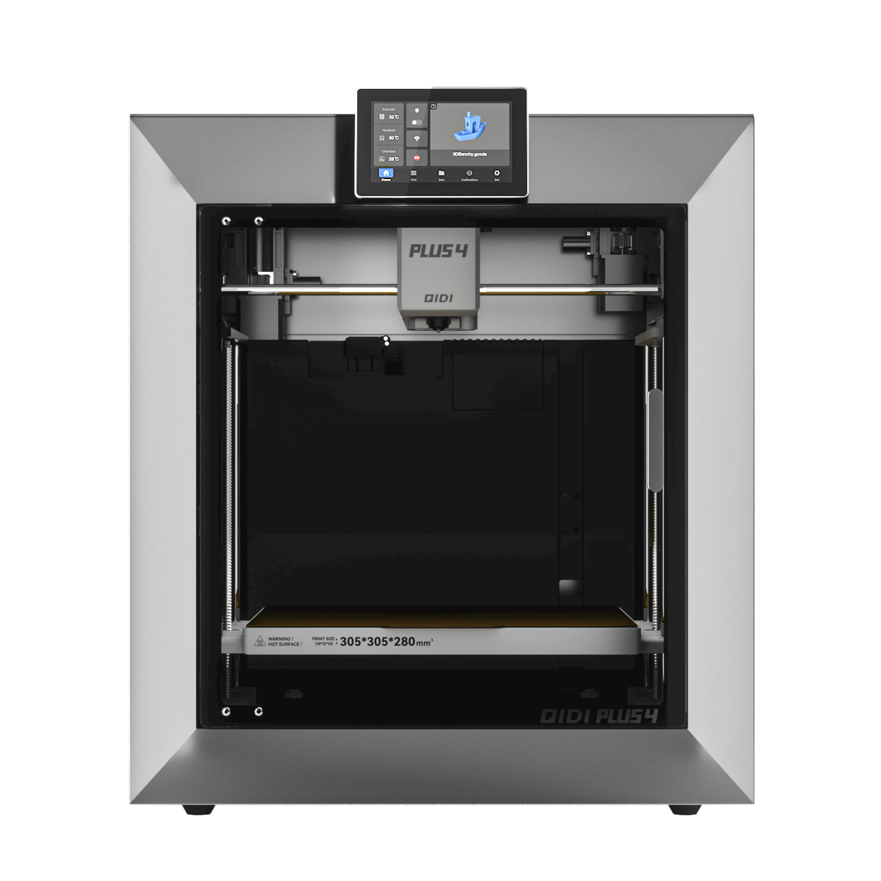 The QIDI Plus 4 3D printer, front view, showing the
      enclosed heated chamber and the touchscreen control panel.