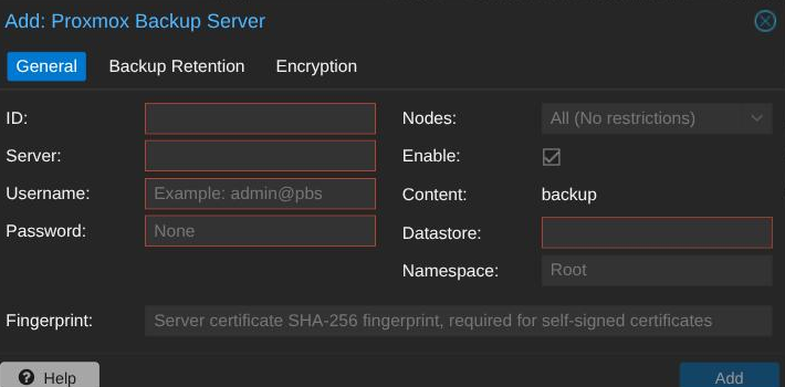 Proxmox VE Add Storage dialog for a Proxmox Backup Server target, with ID, Server, Username, Password, and Datastore fields