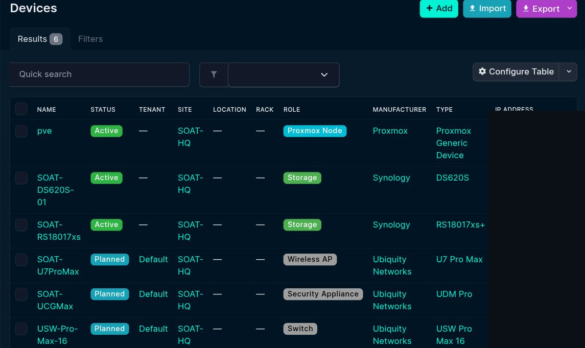 NetBox device inventory list showing device name, status, role, manufacturer, and type columns