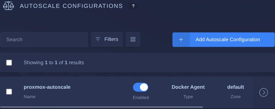 Kasm Workspaces Autoscale Configurations list showing a Proxmox-backed Docker Agent autoscale config, enabled