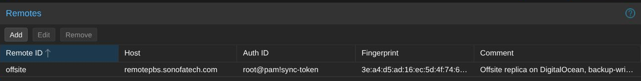 Proxmox Backup Server Remotes configuration showing a remote entry with host, auth ID, fingerprint, and comment