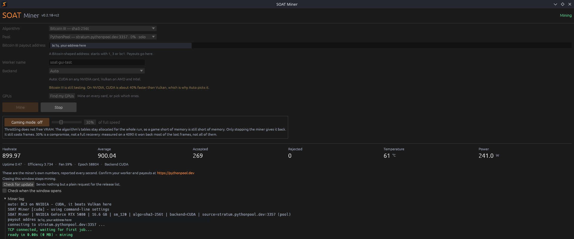 The SOAT Miner window mining Bitcoin III on an RTX 5080, showing 899.97 MH/s, 269 accepted shares, 0 rejected, 61 degrees C and 241 watts, with the payout address redacted to a placeholder